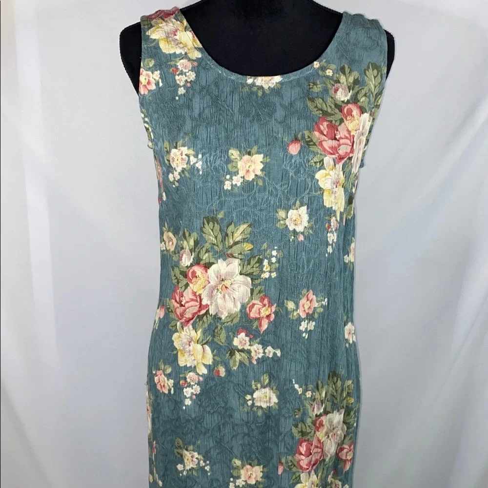 Vintage K Studio Blue Floral Maxi Dress Rayon 90s Cottagecore 10 - Picture 3 of 12